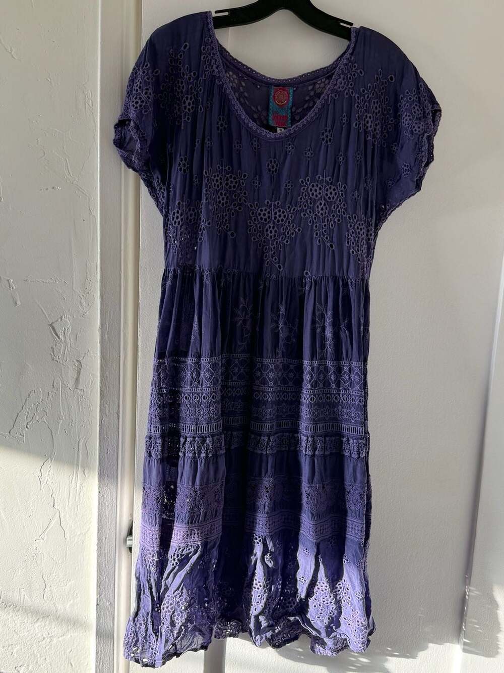 Johnny Was Purple Embroidered Tiered Dress